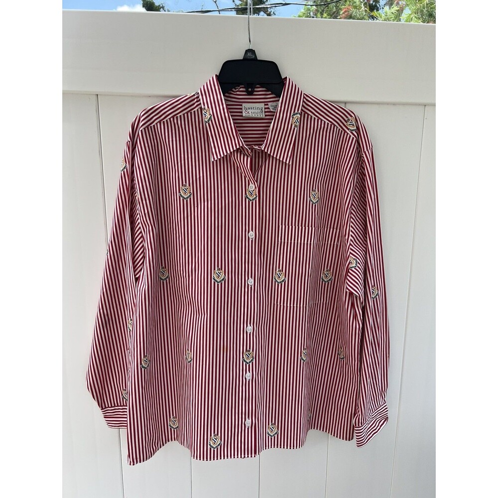 Hasting & Smith Womens Long Sleeve Button Up Striped Red White Sz 18W Vtg